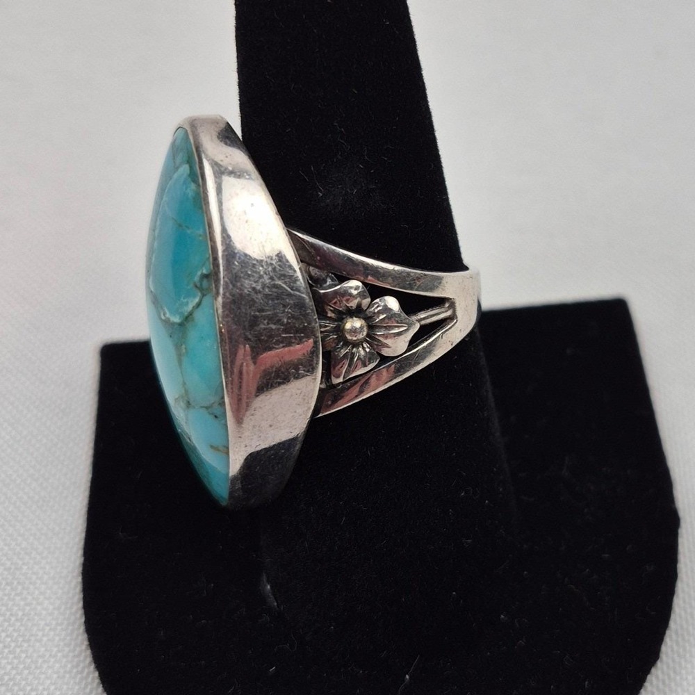 Sterling Silver Turquoise Ring Size 8.5 Statement Floral Scroll Boho 925 Signed - Picture 8 of 12